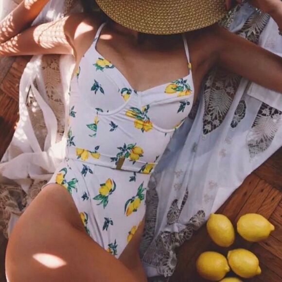 Lemon Print Belted One Piece Cheeky Swim Suit - Picture 1 of 6